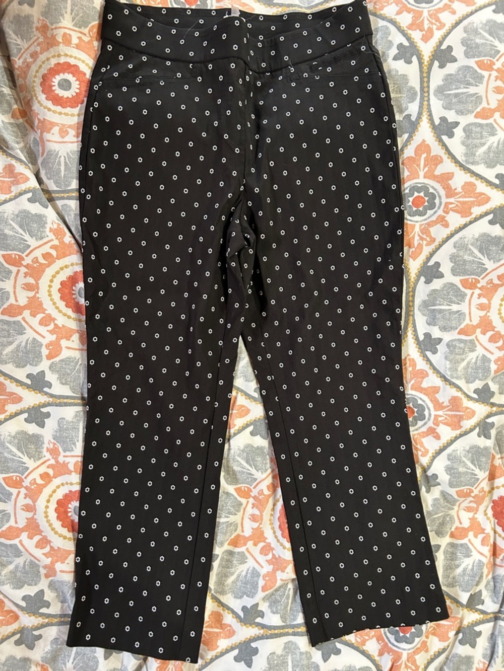 Anne Klein Black Pants with White Hex Dot Pattern and Gold Logo